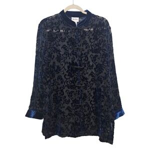 Yi Lin Blouse Womens M Sheer Blue Burnout Velvet Silk Frog Toggle Mandarin Asian